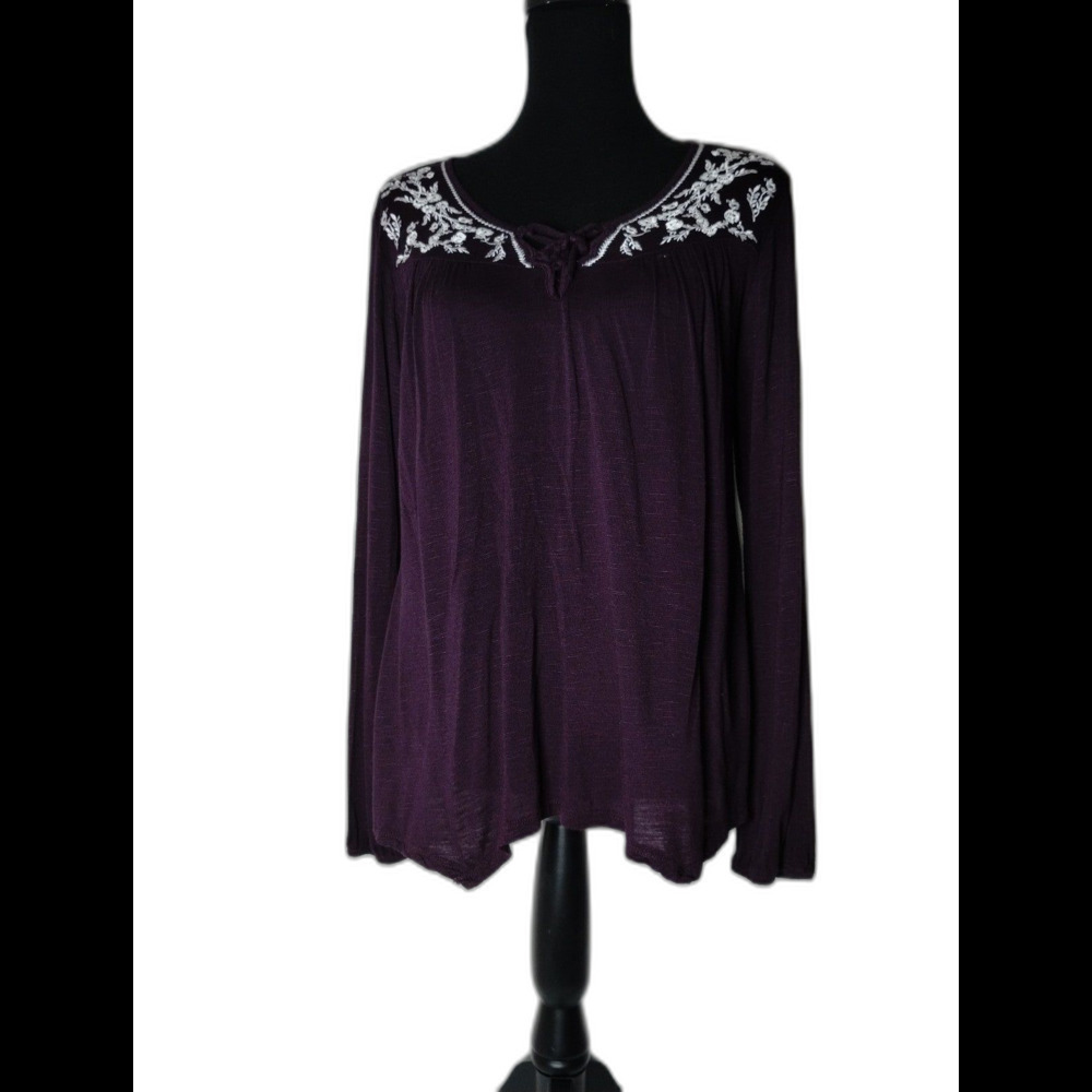 Sonoma Peasant Top Size M In Dark Purple/ Eggplant With White Embroidery Flower